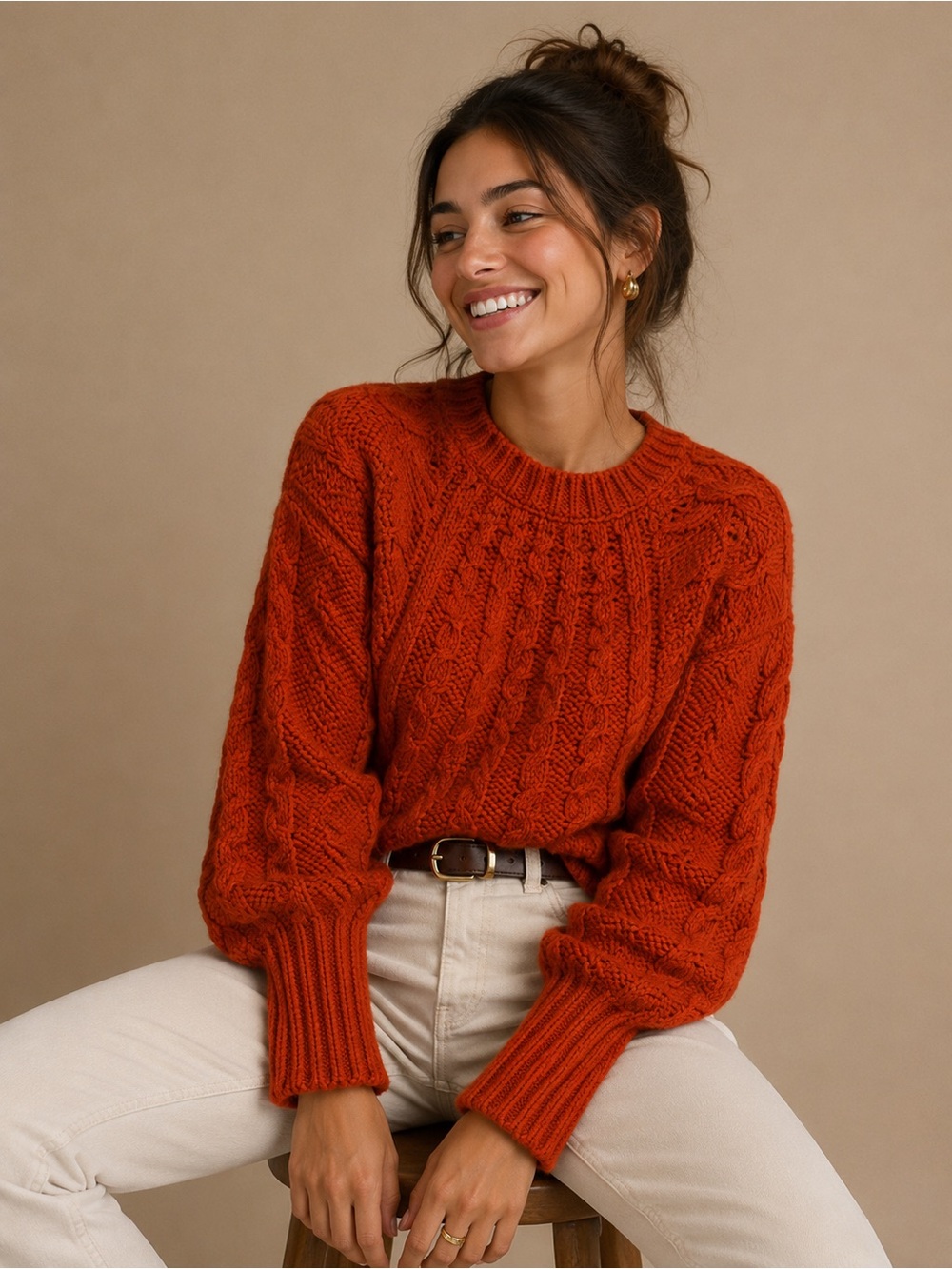Six/Fifty Rust Cable Knit Sweater Chunky Cozy Fall Pullover Size L